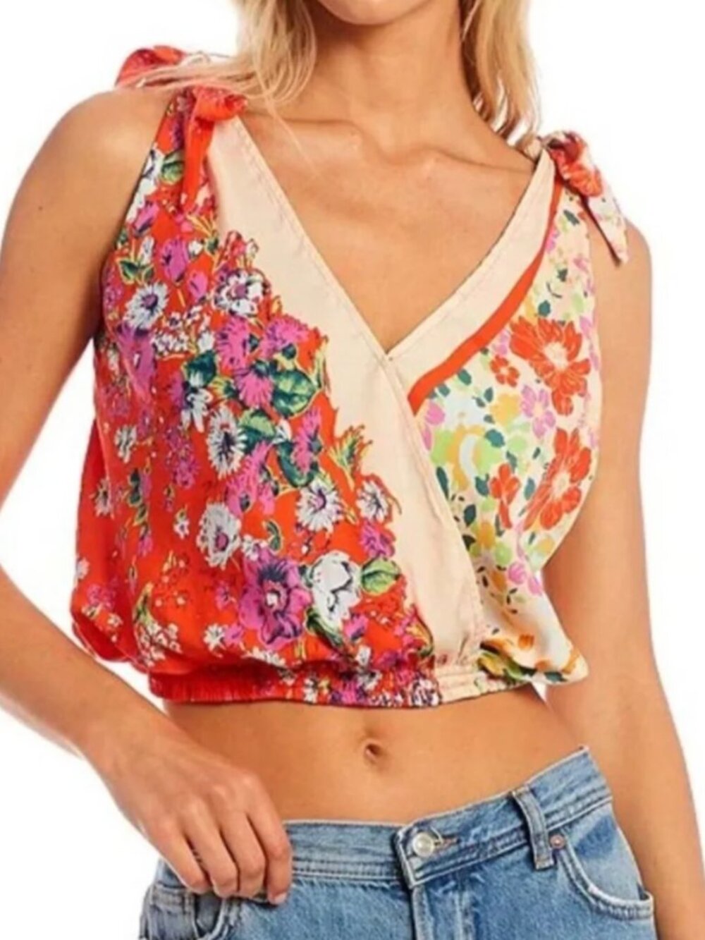 FREE PEOPLE Tied To You Orange Floral V Neck Tie Shoulders Blouse Satin Womens M